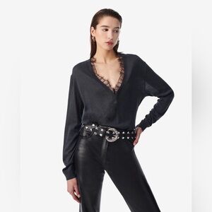 IRO Black Cotton V-Neck Sweater XS | Distressed Lace Trim Knit Pullover